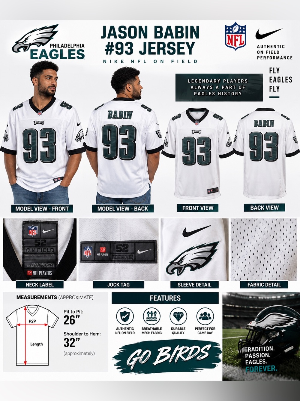Philadelphia Eagles Jason Babin #93 Nike NFL On Field Jersey White Size 52